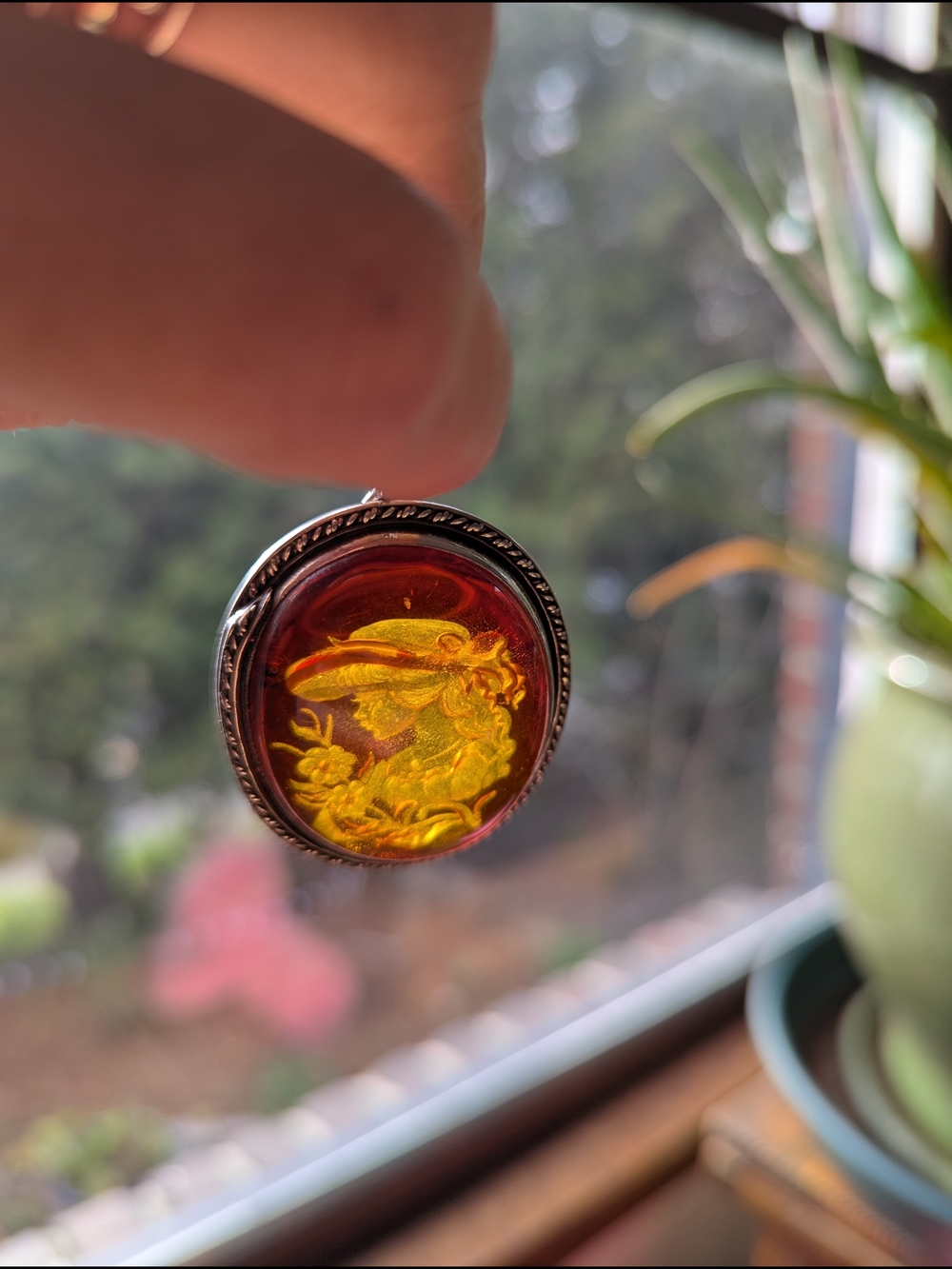 Vintage Carved Amber Cameo Pendant/ Broach - Decorative Floral Woman Motif
